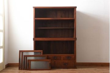 アンティーク家具　古民具・骨董　前面欅材のダイヤガラス入り重ね収納棚