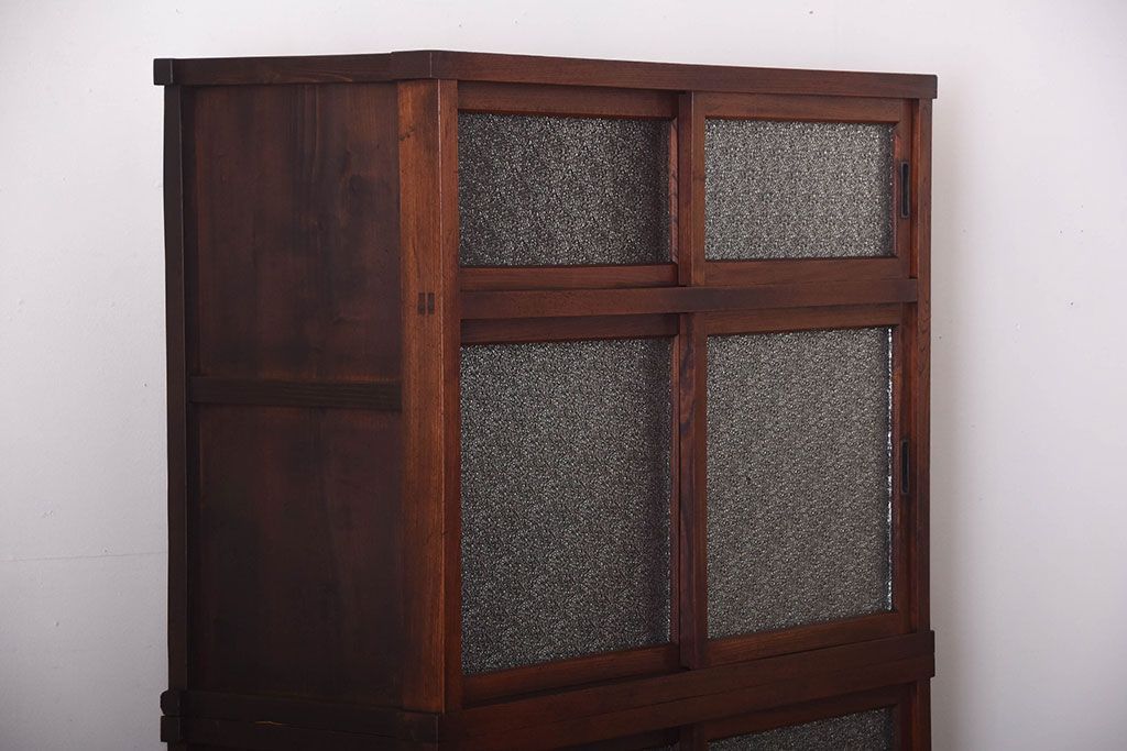 アンティーク家具　古民具・骨董　前面欅材のダイヤガラス入り重ね収納棚