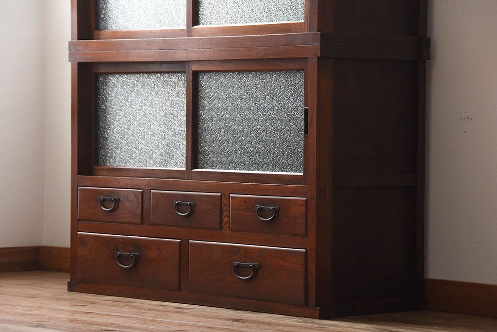 アンティーク家具　古民具・骨董　前面欅材のダイヤガラス入り重ね収納棚