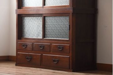 アンティーク家具　古民具・骨董　前面欅材のダイヤガラス入り重ね収納棚