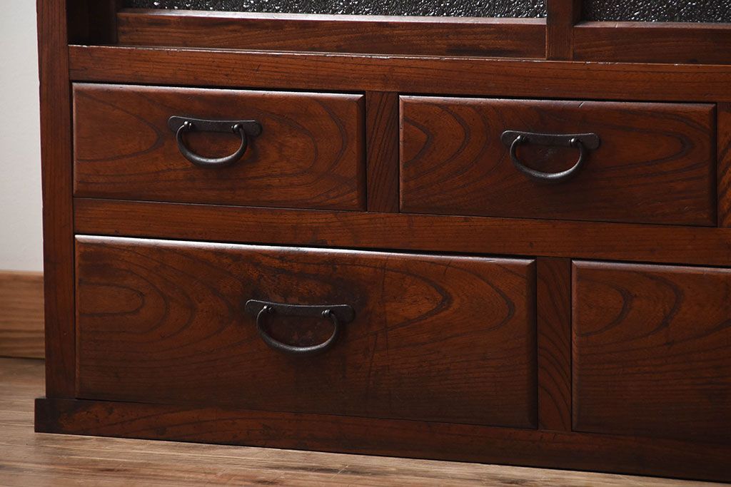 アンティーク家具　古民具・骨董　前面欅材のダイヤガラス入り重ね収納棚