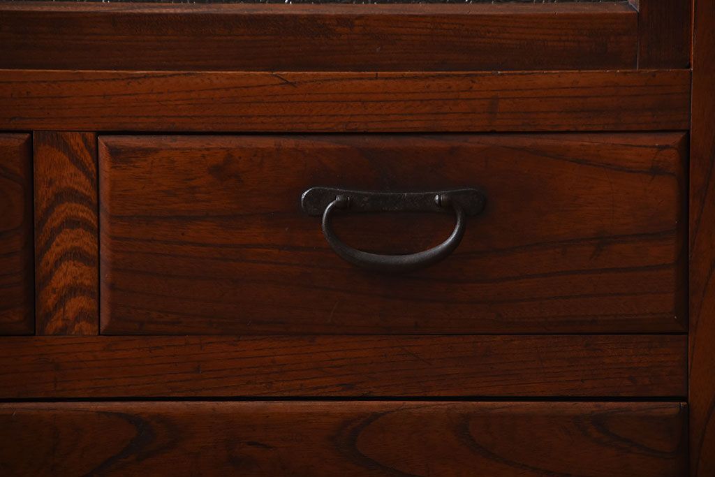 アンティーク家具　古民具・骨董　前面欅材のダイヤガラス入り重ね収納棚