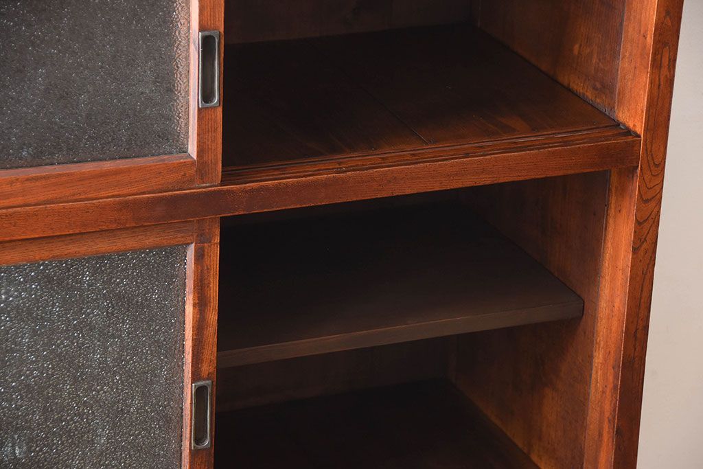 アンティーク家具　古民具・骨董　前面欅材のダイヤガラス入り重ね収納棚