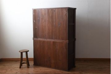 アンティーク家具　古民具・骨董　前面欅材のダイヤガラス入り重ね収納棚