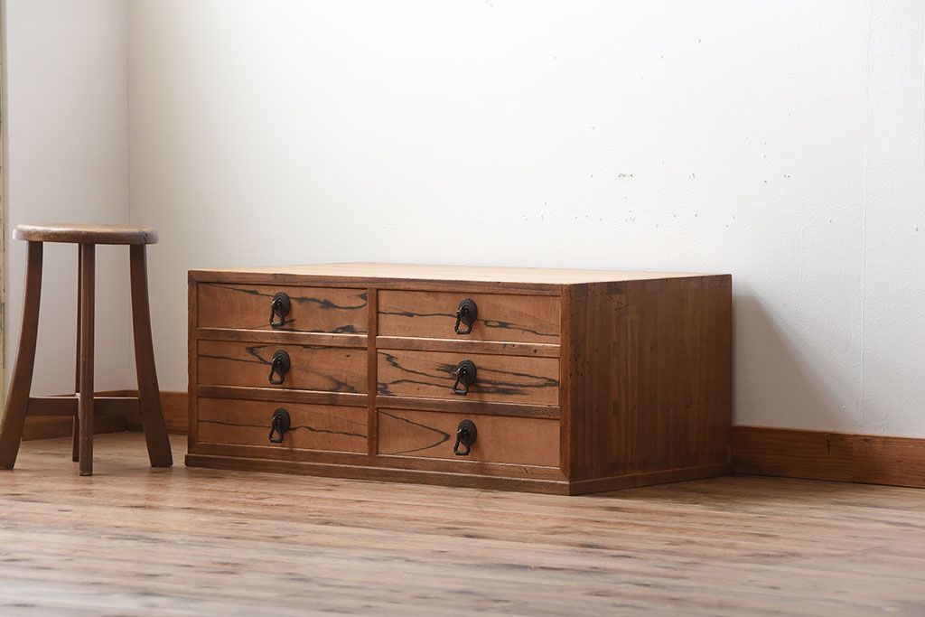 アンティーク家具　古民具・骨董　高級品!前面黒柿材・その他総桐材の6杯引き出し