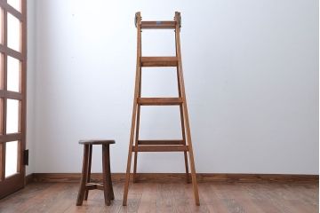 アンティーク雑貨　昭和レトロ　古いナラ材のアンティークウッドステップラダー(はしご・梯子・脚立)