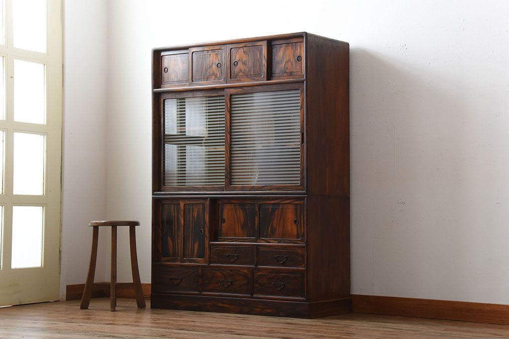 アンティーク家具　古民具・骨董　前面黒柿材!アンティークの高級重ね茶箪笥