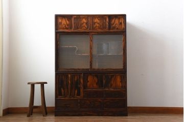 アンティーク家具　古民具・骨董　前面黒柿材!アンティークの高級重ね茶箪笥