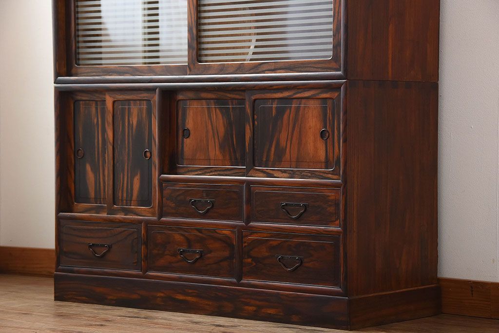 アンティーク家具　古民具・骨董　前面黒柿材!アンティークの高級重ね茶箪笥