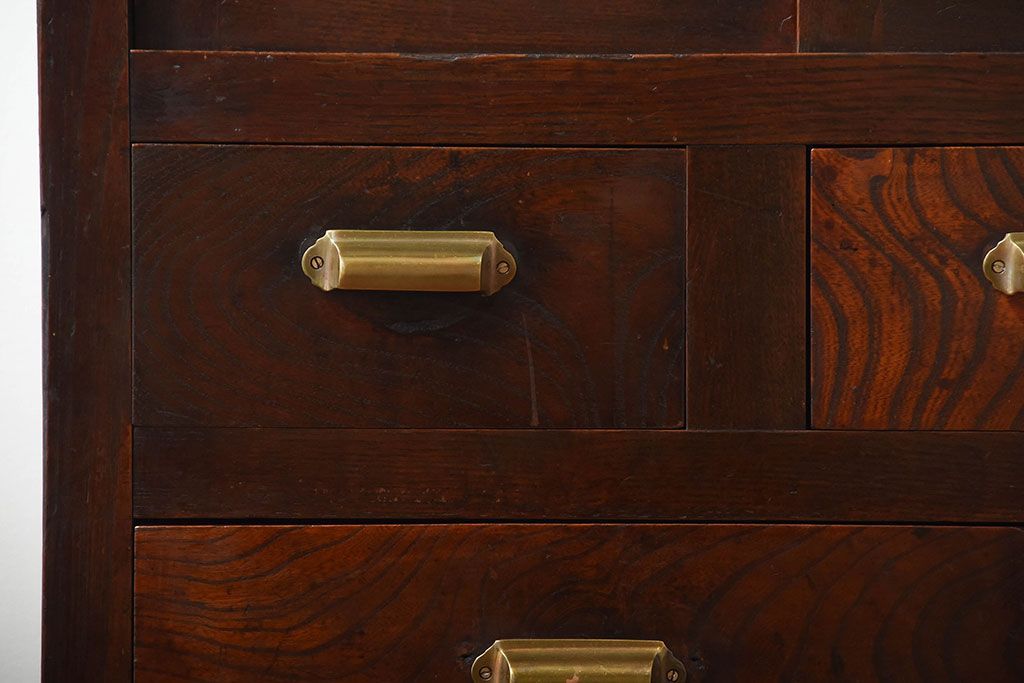 アンティーク家具　和製アンティーク　モールガラス入り!前面欅材の鉄脚付き収納棚(1)