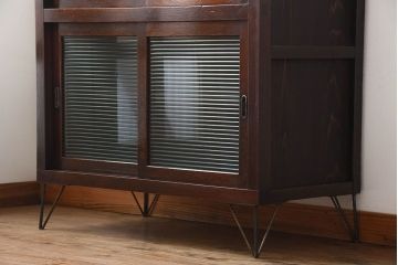 アンティーク家具　和製アンティーク　モールガラス入り!前面欅材の鉄脚付き収納棚(2)