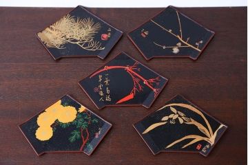 アンティーク雑貨　東西大家作画・菓子盆5枚セット(大観、玉堂など銘々盆)