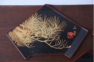 アンティーク雑貨　東西大家作画・菓子盆5枚セット(大観、玉堂など銘々盆)