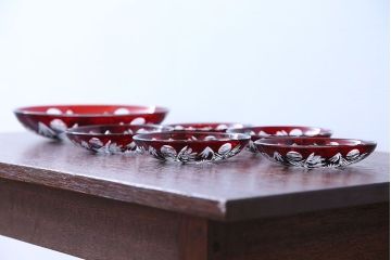 アンティーク雑貨　大正〜昭和初期・赤切子ガラス皿6枚セット(氷コップ)