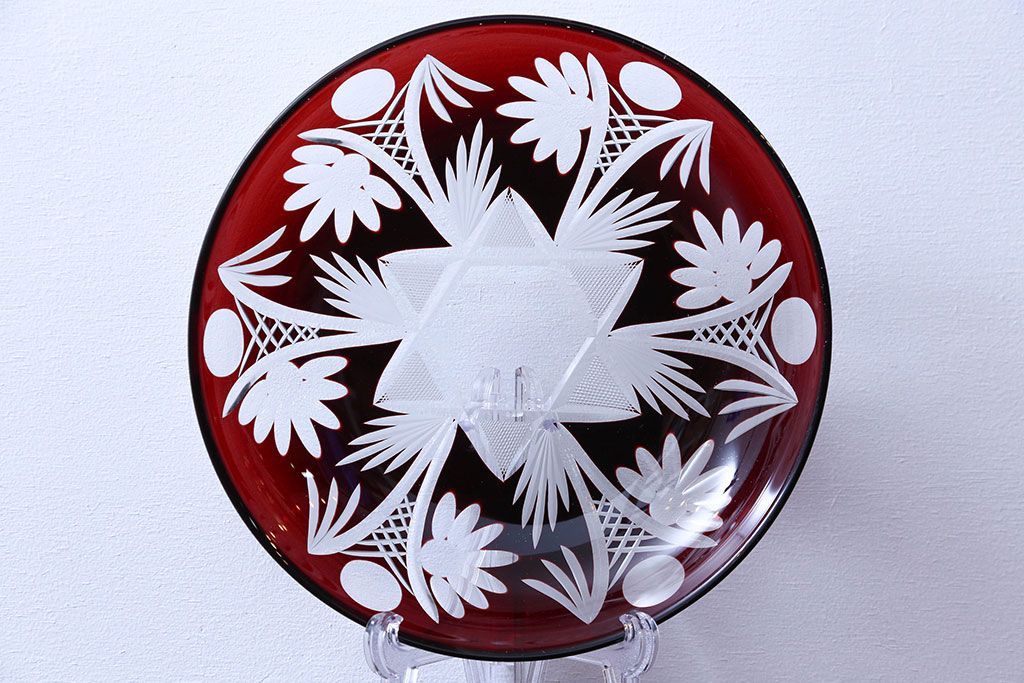 アンティーク雑貨　大正〜昭和初期・赤切子ガラス皿6枚セット(氷コップ)