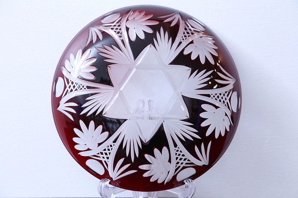 アンティーク雑貨　大正〜昭和初期・赤切子ガラス皿6枚セット(氷コップ)