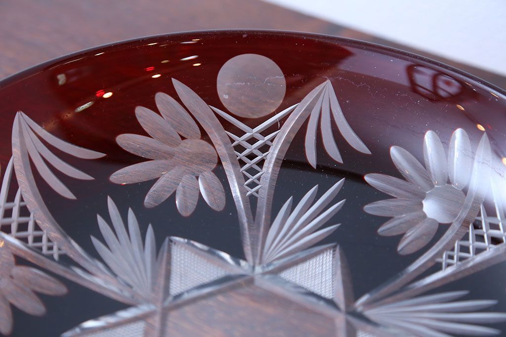 アンティーク雑貨　大正〜昭和初期・赤切子ガラス皿6枚セット(氷コップ)