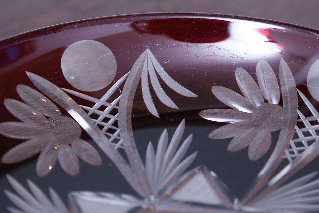 アンティーク雑貨　大正〜昭和初期・赤切子ガラス皿6枚セット(氷コップ)