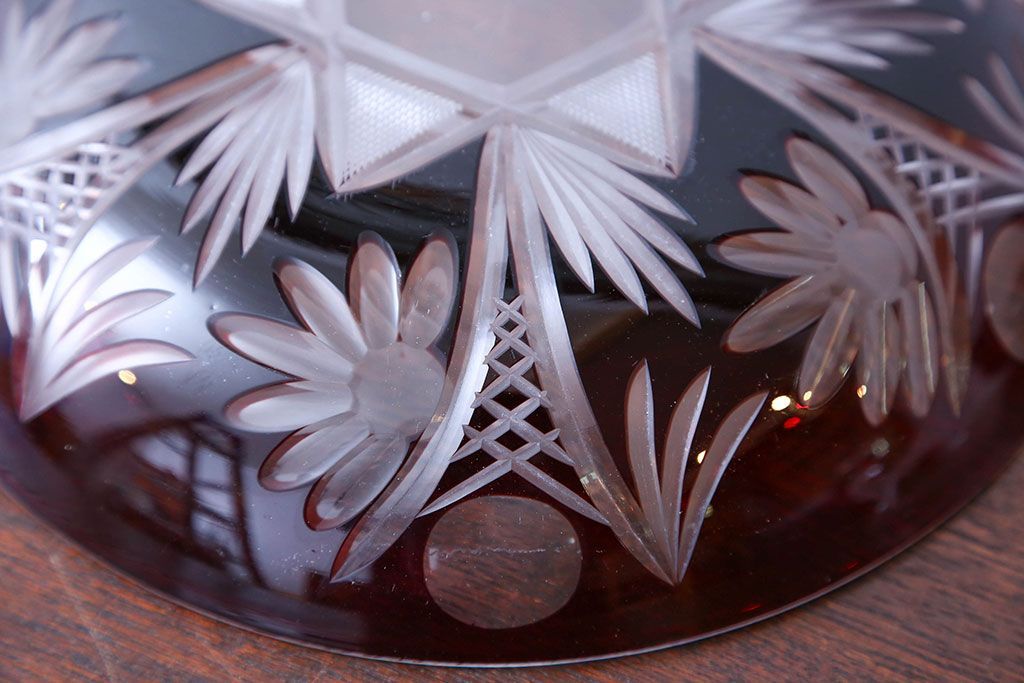 アンティーク雑貨　大正〜昭和初期・赤切子ガラス皿6枚セット(氷コップ)