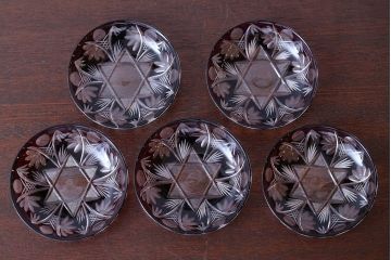 アンティーク雑貨　大正〜昭和初期・赤切子ガラス皿6枚セット(氷コップ)