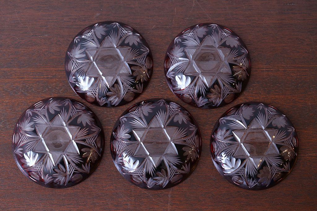 アンティーク雑貨　大正〜昭和初期・赤切子ガラス皿6枚セット(氷コップ)