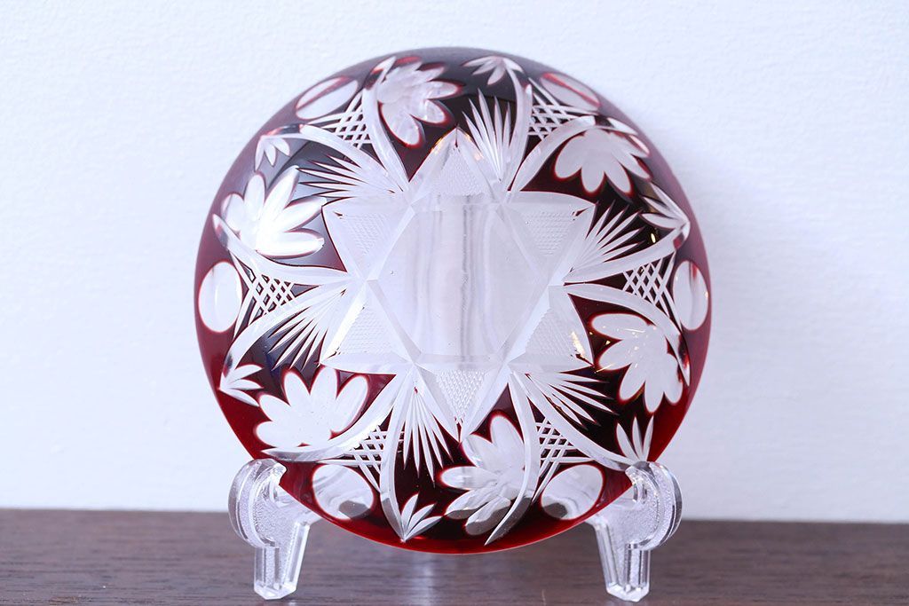 アンティーク雑貨　大正〜昭和初期・赤切子ガラス皿6枚セット(氷コップ)