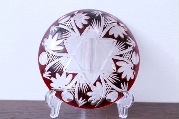 アンティーク雑貨　大正〜昭和初期・赤切子ガラス皿6枚セット(氷コップ)