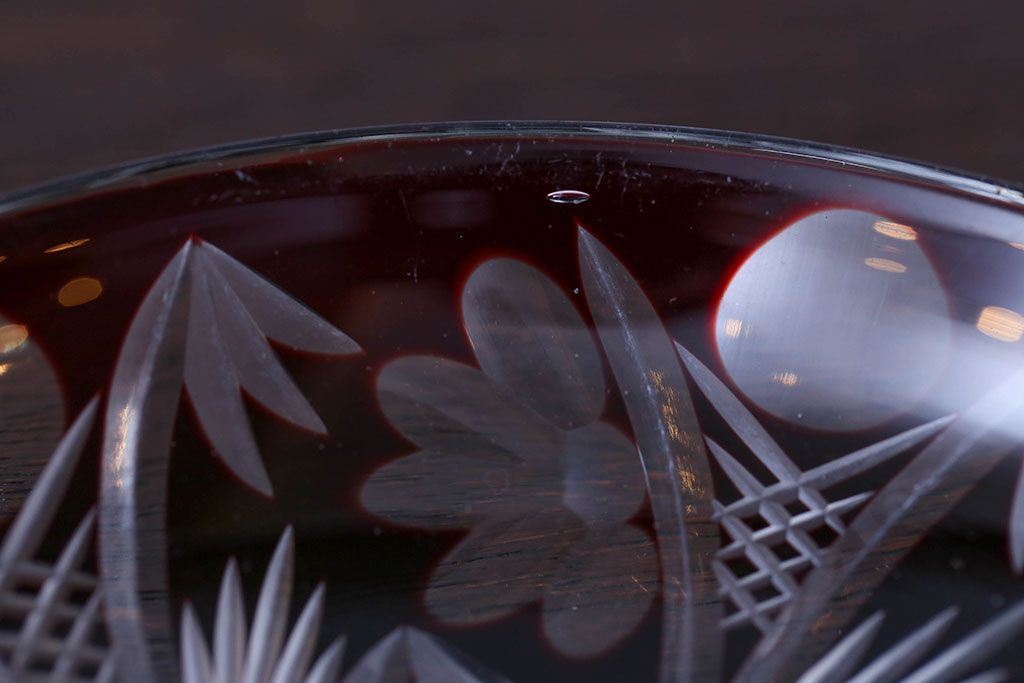 アンティーク雑貨　大正〜昭和初期・赤切子ガラス皿6枚セット(氷コップ)