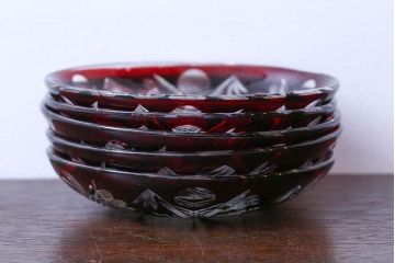 アンティーク雑貨　大正〜昭和初期・赤切子ガラス皿6枚セット(氷コップ)