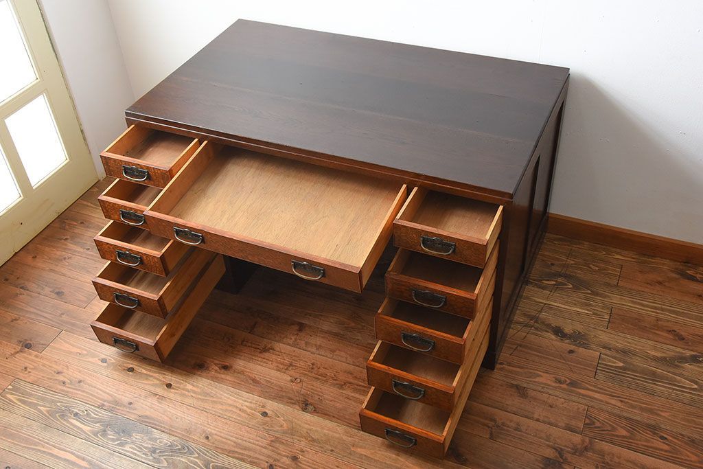 アンティーク家具　和製アンティーク　高級品!古いナラ材の両袖机(デスク)