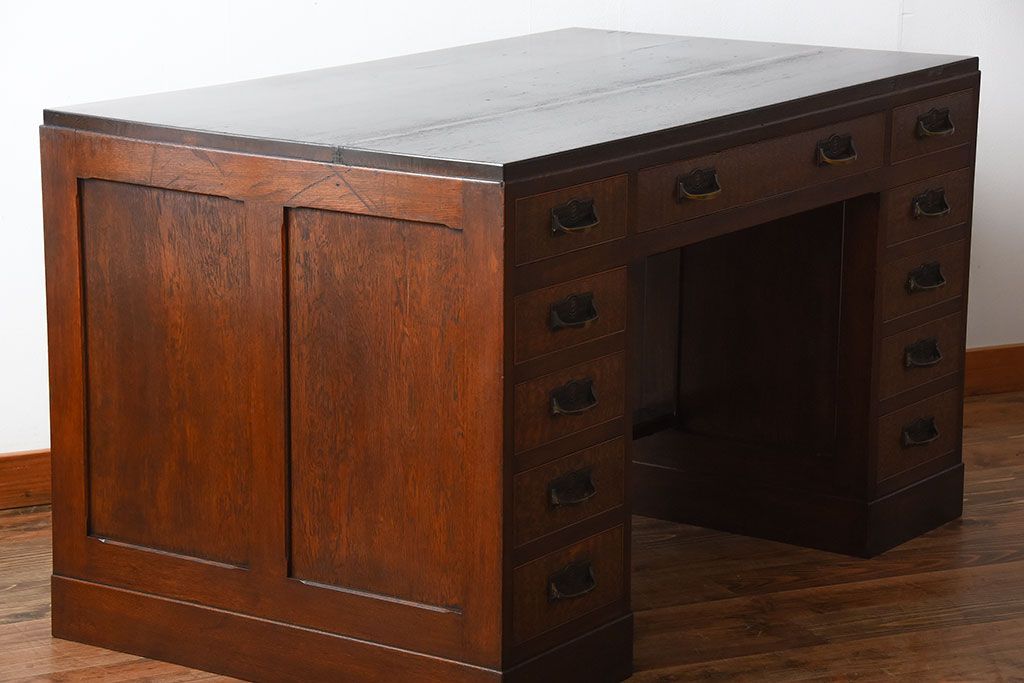 アンティーク家具　和製アンティーク　高級品!古いナラ材の両袖机(デスク)