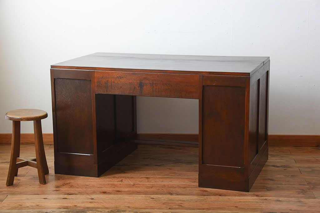 アンティーク家具　和製アンティーク　高級品!古いナラ材の両袖机(デスク)