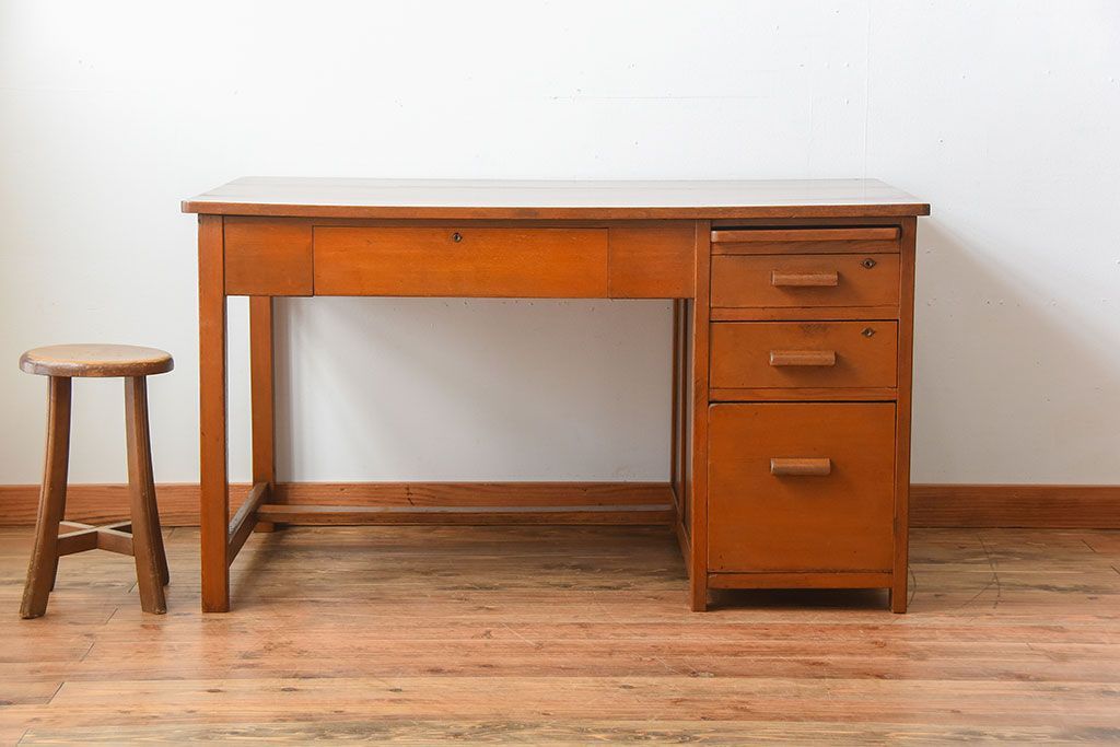 レトロ家具　昭和レトロ　作業台付き!古い木製の変わり型アンティーク片袖机(デスク)