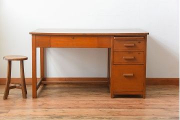 レトロ家具　昭和レトロ　作業台付き!古い木製の変わり型アンティーク片袖机(デスク)