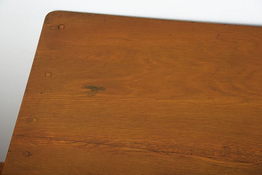 レトロ家具　昭和レトロ　作業台付き!古い木製の変わり型アンティーク片袖机(デスク)