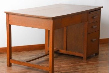 レトロ家具　昭和レトロ　作業台付き!古い木製の変わり型アンティーク片袖机(デスク)