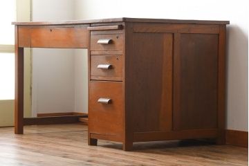 レトロ家具　昭和レトロ　作業台付き!古い木製の変わり型アンティーク片袖机(デスク)