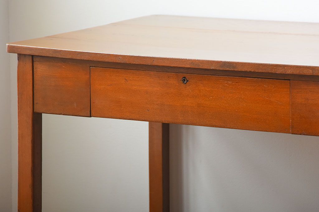 レトロ家具　昭和レトロ　作業台付き!古い木製の変わり型アンティーク片袖机(デスク)