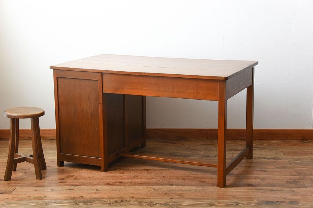 レトロ家具　昭和レトロ　作業台付き!古い木製の変わり型アンティーク片袖机(デスク)