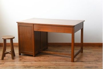 レトロ家具　昭和レトロ　作業台付き!古い木製の変わり型アンティーク片袖机(デスク)