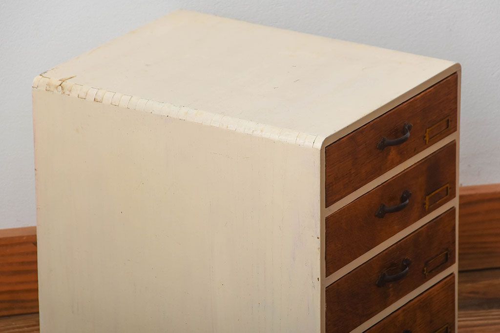 アンティーク家具　和製アンティーク　ネームプレート付き!古いナラ材のペイント小引き出し