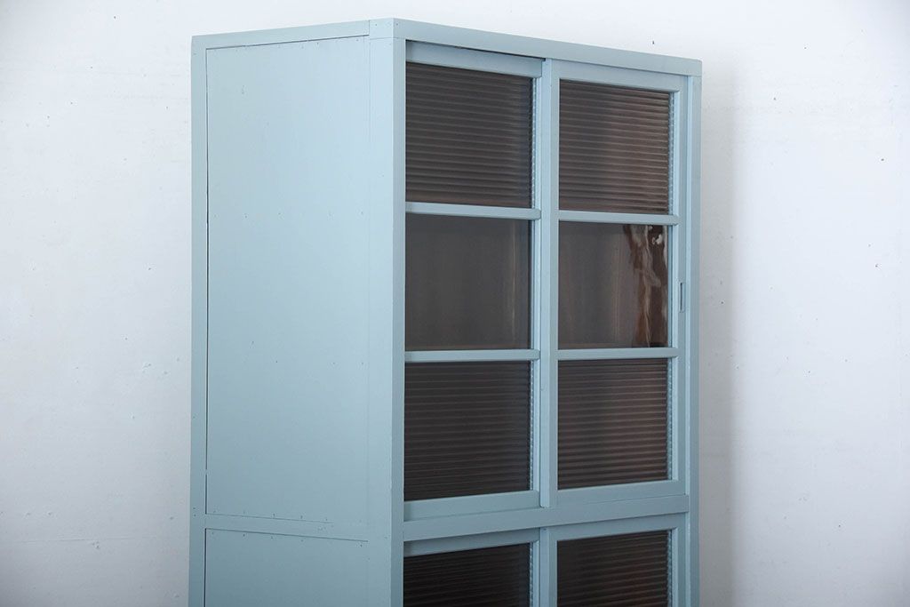 アンティーク家具　アンティーク　モールガラス入り!背のたかいペイント収納棚