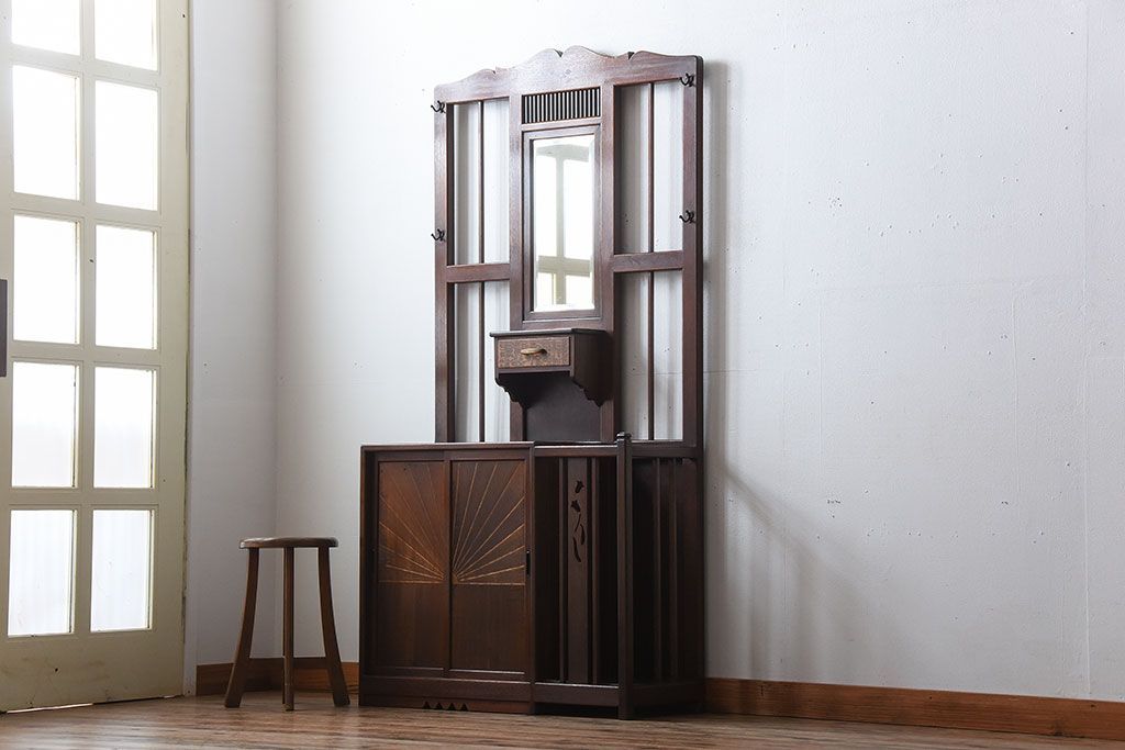 レトロ家具　昭和レトロ　傘立て・引き出し・戸棚・鏡付きのアンティークホールスタンド