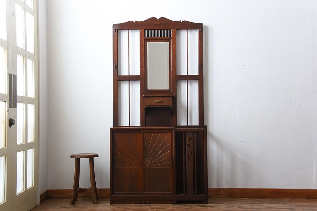 レトロ家具　昭和レトロ　傘立て・引き出し・戸棚・鏡付きのアンティークホールスタンド