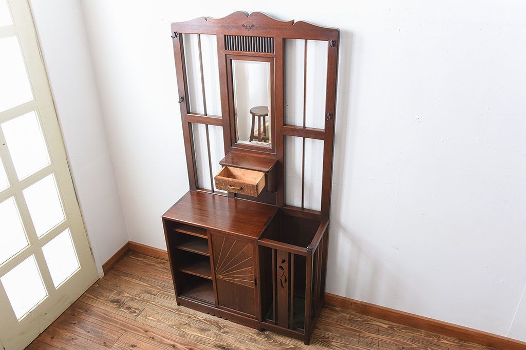レトロ家具　昭和レトロ　傘立て・引き出し・戸棚・鏡付きのアンティークホールスタンド