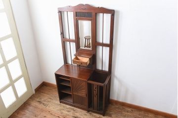 レトロ家具　昭和レトロ　傘立て・引き出し・戸棚・鏡付きのアンティークホールスタンド