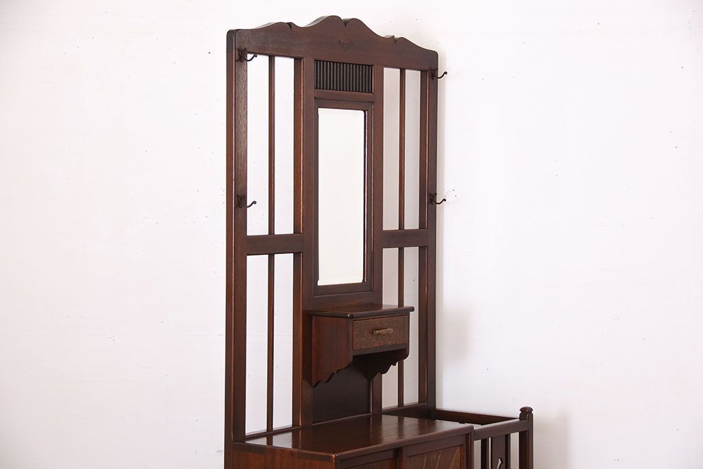 レトロ家具　昭和レトロ　傘立て・引き出し・戸棚・鏡付きのアンティークホールスタンド