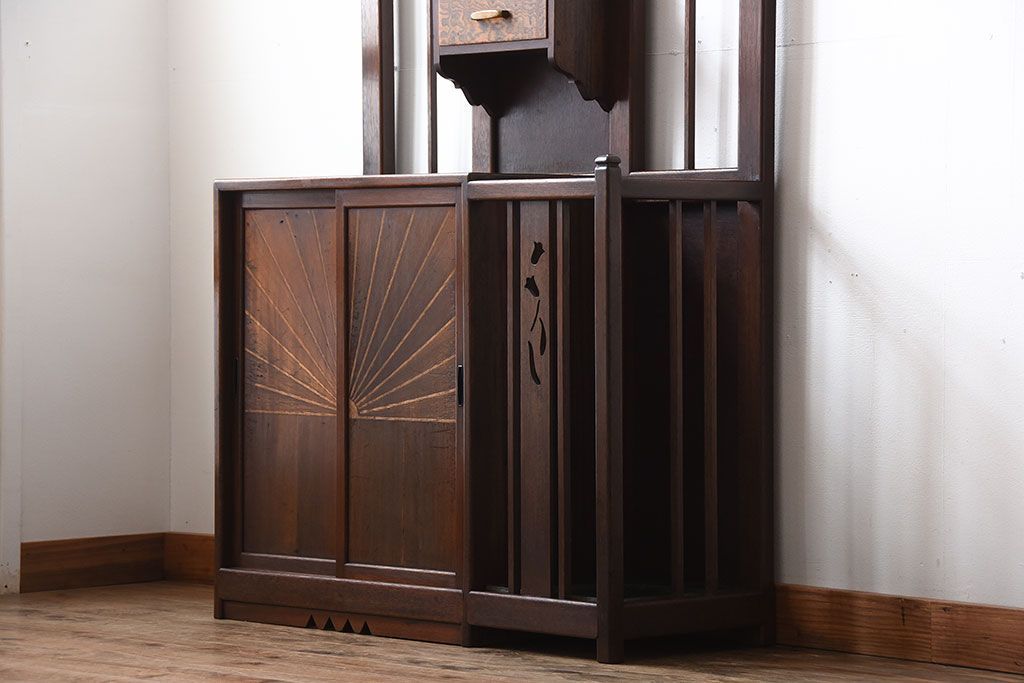 レトロ家具　昭和レトロ　傘立て・引き出し・戸棚・鏡付きのアンティークホールスタンド