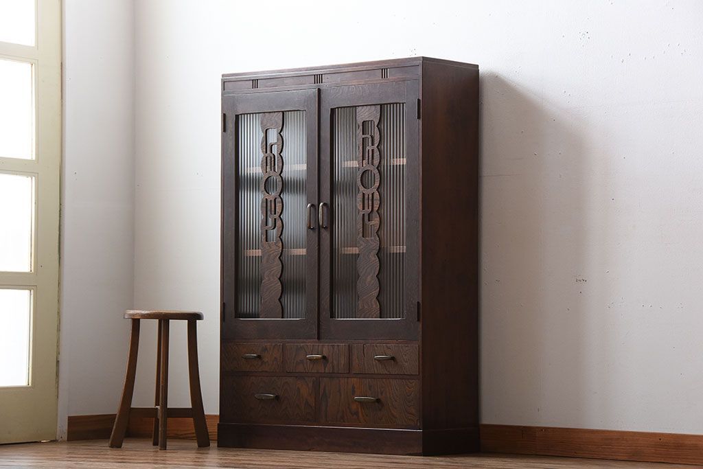 レトロ家具　昭和レトロ　モールガラス入り!古い木製の引き出し付きアンティーク本箱