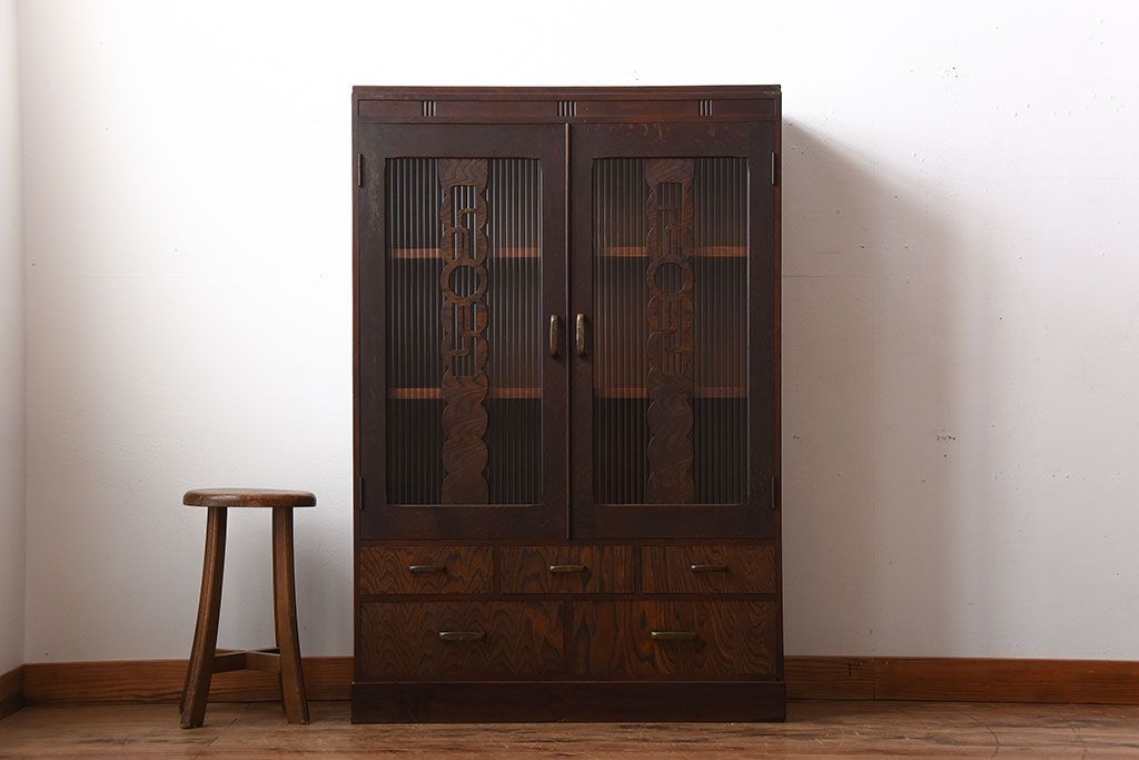 レトロ家具　昭和レトロ　モールガラス入り!古い木製の引き出し付きアンティーク本箱